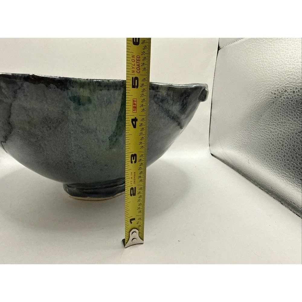 Hand Made Pottery Bowl, JS Signed Blue Green Color Textured Abstract 10